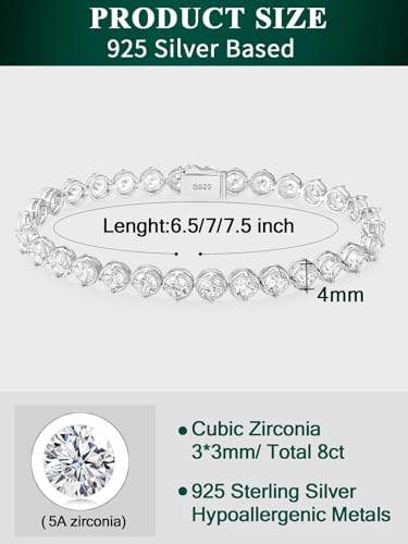 Sterling Silver 14K Gold Plated 2.5mm/3mm/4mm/5mm Round Cut Moissanite Tennis Bracelet, Classic Luxury Bezel Set Diamond Bracelets for Women Men Wedding Birthday Jewelry, Size 6.5" 7" 7.5" 8.3" - color: CZ-3mm Width-Silver, size: 6.5 Inch (Fit Wrist 5.5"-
