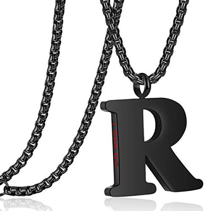 Initial 26 Letter A to Z Pendant Necklace for Teen Women Men 24" Chain | Large Alphabet Letter Personalized Charm Pendant,Engraving Red 'I CAN DO ...' on Back - style: R