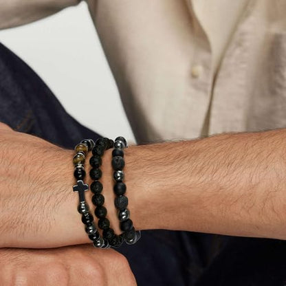 Mens Bead Bracelet Set - Adjustable Elastic Rope With 6&8MM Natural Stone Multi-Colored Beads - Tiger Eye Bracelets for Men - Gift - style: 3,Lave beads,Cross,Black bracelet