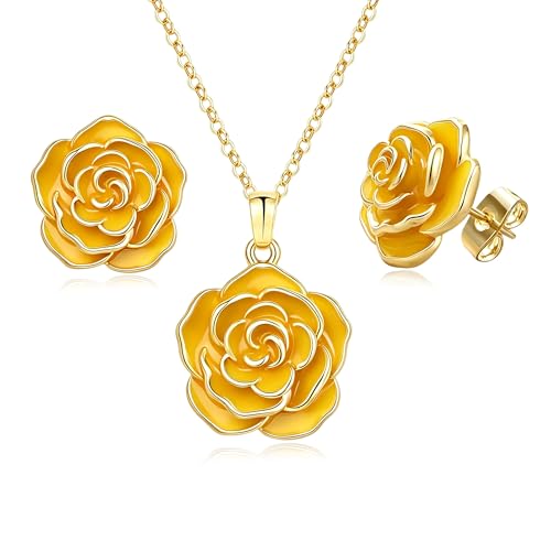 Enamel Rose Necklace and Earrings Jewelry Set for Women | 14K Gold Plated,Rose Represent: Love Gratitude Prid,Adjustable Chain Fit,Elegant Sets for Daily and Party Wear,Gift Box - color: Yellow