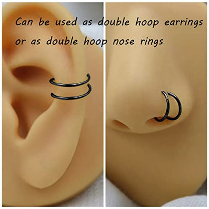 Double Hoop Earrings for Single Piercing, 3 Pairs 316L Surgical Steel Spiral Twist Illusion Lobe Cartilage Helix Hoop Earring Double Hoop Earrings for One Hole - color: Black-6mm 8mm 10mm