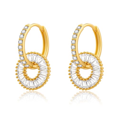 CoBi CZ Hoop Earrings for Women, 14K Gold Plated Round Cubic Zirconia Dangle Huggie Earrings, Dainty Silver Tone Earrings Jewelry Gifts - color: Gold