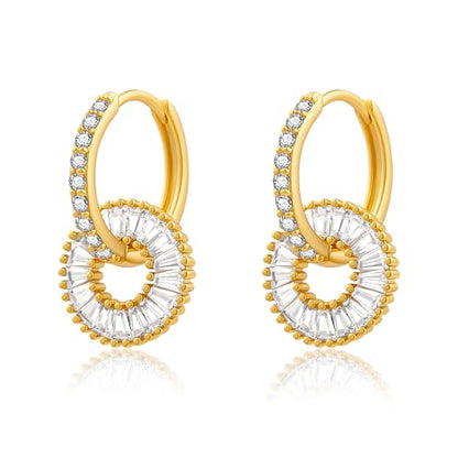 CoBi CZ Hoop Earrings for Women, 14K Gold Plated Round Cubic Zirconia Dangle Huggie Earrings, Dainty Silver Tone Earrings Jewelry Gifts - color: Gold