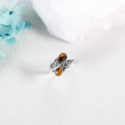 Ring for Women Sterling Silver Adjustable Band Open Rings Jewelry Gifts for Girls - style: Tiger Eye