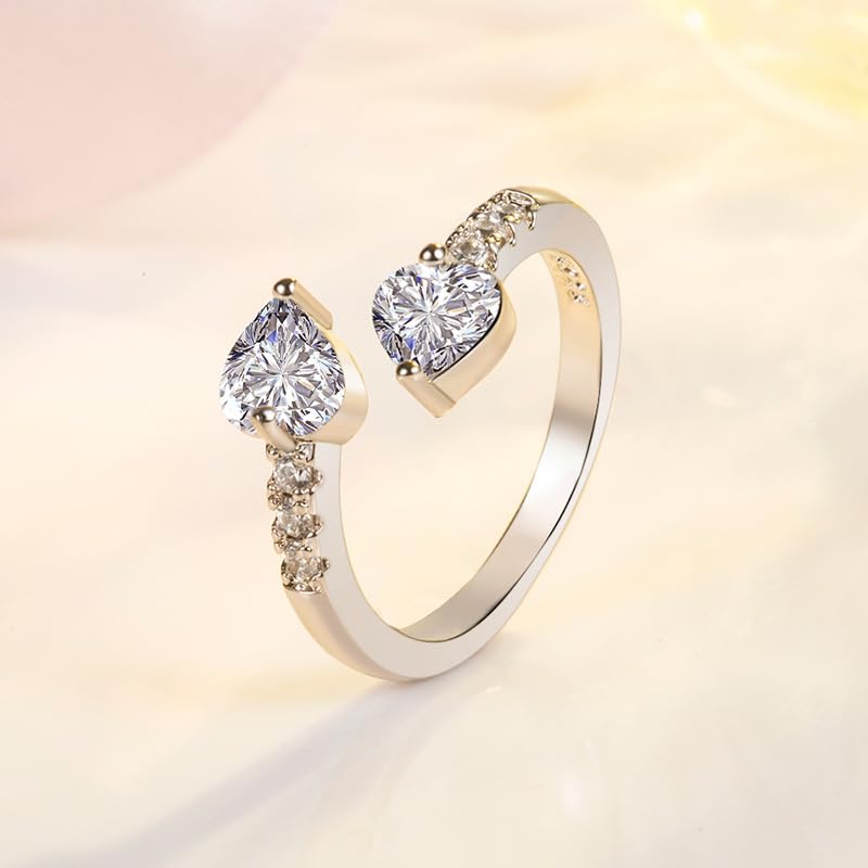 hsiyyecg Sliver/Gold Plated Double Heart Eternity Ring Shiny Cubic Zirconia Crystal Engagement Wedding Band Promise Ring Open Adjustable Statement Rings for Women(Sliver) - color: silver