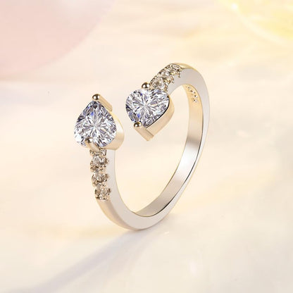 hsiyyecg Sliver/Gold Plated Double Heart Eternity Ring Shiny Cubic Zirconia Crystal Engagement Wedding Band Promise Ring Open Adjustable Statement Rings for Women(Sliver) - color: silver