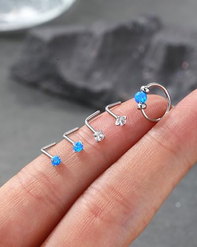 Jewseen 5Pcs Stainless Steel Nose Rings Hoops 20g Opal Nose Studs L Shaped Nose Rings Nose Piercing Jewelry Cartilage Hoop Helix Tragus Daith Earrings for Women - color: blue