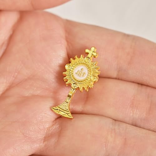 Catholic Enamel Pin Set, 2 Pack, Jerusalem Cross & Eucharistic Monstrance IHS, Gold, Religious Lapel Pins, Faith Gifts for Men & Women