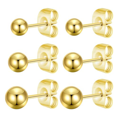 Screw on Earring Backs for Women,Hypoallergenic Surgical Steel Stud Earrings Ball Star Circle Simple Geometric Cartilage Helix Flat Back Piercing Earrings - color: 3Pairs,Gold,Ball(3-5mm)