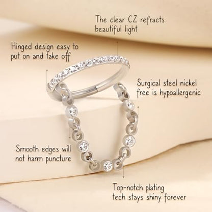 AROWRO Chain Septum Rings 316L Surgical Steel Septum Clicker Daith Piercing Jewelry Dangle Nose Rings for Women 16G 8/10mm Conch Cartilage Hoop Seamless Hinged Septum Jewelry with Clear CZ/Opal - color: Style-3-Silver chain&Clear CZ, size: 16G-8mm