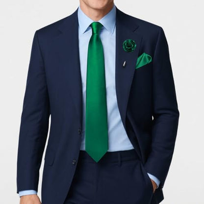 Solid Color Tie and Pocket Square with Tie Clip Lapel Pin Silk Formal Necktie Set Wedding Formal - color: Emerald Green