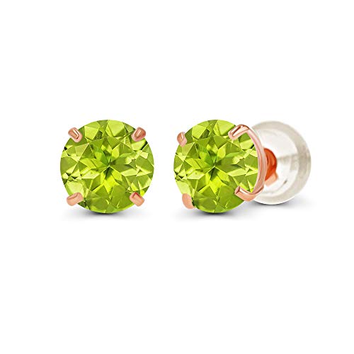 Solid 14K Yellow or White or Rose Gold 6mm Round Genuine Birthstone Gemstone Prong Set Stud Earrings For Women - color: Peridot