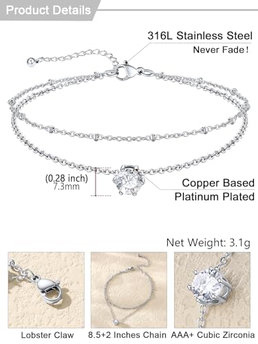 U7 Silver Ankle Bracelet for Women, Waterproof Layered Ankle Round Gem Birthstone Anklets, Summer Beach Foot Jewelry, Adjustable 8.5"-10.5" - color: 04.April-White Diamond