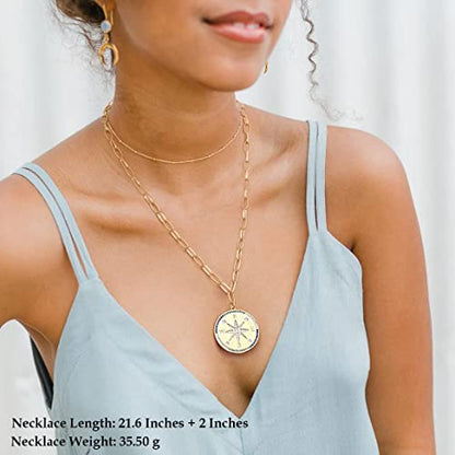 Aobei Pearl 18K Gold Plated Moon Star Lion Evil Eye Love Heart Cross Pendant Necklace Medallion Paperclip Chian Choker Layering Jewery for Women - color: Golden Compass