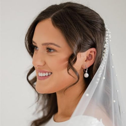 Long Pearl Earrings for Women 925 Sterling Silver Dangle Earrings | Hypoallergenic Dainty Dangle Drop Earrings, Elegant Pearl Jewelry for Bridal, Mother's Day Anniversary Birthday Jewelry Gift - color: Sliver CZ