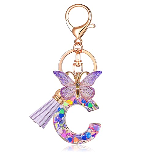JINGUAZI Butterfly Initial Letter Keychain Bag Charms for Women | Cute pendant accessories for purses, handbags, backpacks, car keys, small gift for her young women, mothers, teachers - color: C-purple