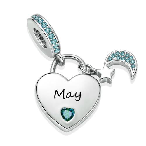 12 Months Birthstone Heart Charm Moon and Star Pendant Bead Compatible with Pandora Bracelet Women - style: May