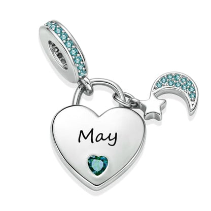 12 Months Birthstone Heart Charm Moon and Star Pendant Bead Compatible with Pandora Bracelet Women - style: May