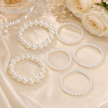 6Pcs Pearl Bracelets for Women, Boho Pearl Bracelet Stack Adjustable Stretch Simulated Pearls Beaded Bracelet for Bridesmaid Bridal Wedding
