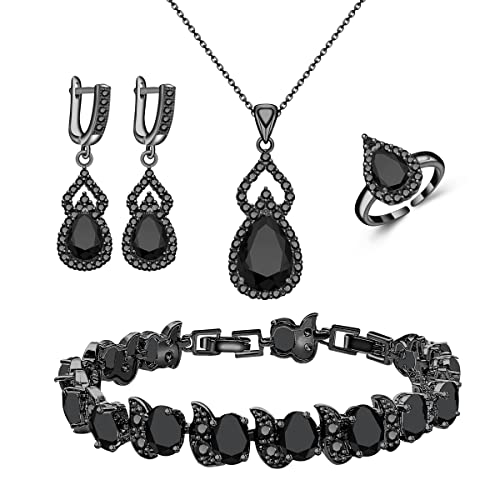 LMXXVJ Women Jewelry Set Platinum Plated Necklace Open Ring Earrings Bracelet Set,Birthday/Anniversary Mother’s Day Jewelry Gifts for Mom/Wife/Sister/Best Friend - color: Black Gun-Black