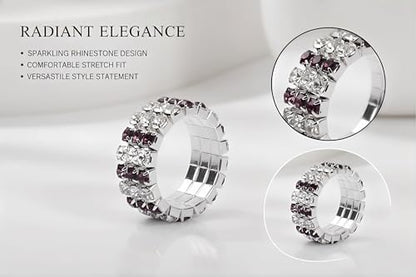 Sparkling Rhinestone Ring Set Trendy Elastic Rhinestone Crystal Stretch Ring Stackable Jewelry for Women Girls - color: 3 Rows Ring-Silver+White+Purple