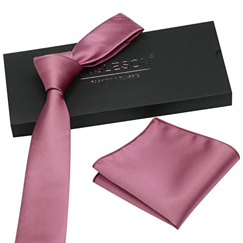 GUSLESON 2.4" Slim Necktie and Handkerchief Set For Men Solid Skinny Tie Set - color: Dusty Rose
