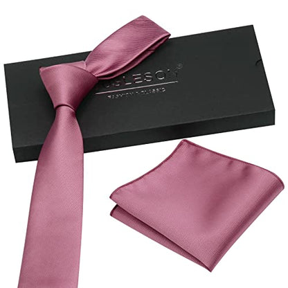 GUSLESON 2.4" Slim Necktie and Handkerchief Set For Men Solid Skinny Tie Set - color: Dusty Rose