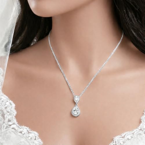 Mariell Cubic Zirconia Crystal Teardrop Bridal Wedding Pendant Necklace, Jewelry for Brides, Bridesmaids - color: Silver