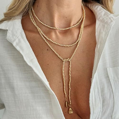 Long Pearl Necklaces for Women Layer Lariat Tie Necklace Adjustable Long Beaded Y Drop Choker Necklacess Bohemian Beach Wedding Party Jewelry Gifts - color: B-Gold