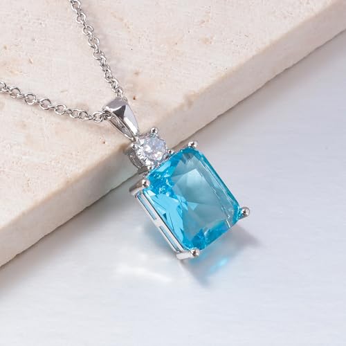 CiNily Rectangular Crystal Necklace for Women Trendy, Pendant Necklace with Chain 14K White Gold | Gold Plated Multicolor Birthstone Pendant Necklaces Boho Jewelry for Christmas Birthday Wedding - color: Silver-Blue cz