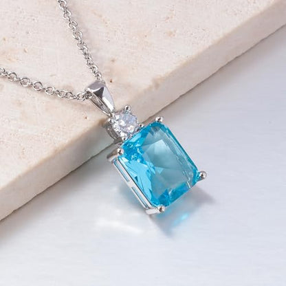 CiNily Rectangular Crystal Necklace for Women Trendy, Pendant Necklace with Chain 14K White Gold | Gold Plated Multicolor Birthstone Pendant Necklaces Boho Jewelry for Christmas Birthday Wedding - color: Silver-Blue cz