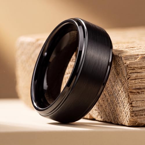 Tungsten Wedding Band Ring Black 10mm Men Women Comfort Fit 18k Rose Gold Step Edge Brushed Polished - color: Black Tungsten