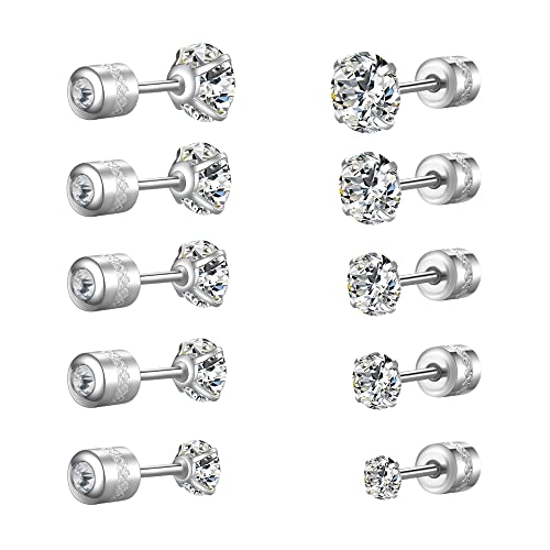 Titanium Surgical Steel CZ Screw Back Stud Earrings Set Hypoallergenic | Cubic Zirconia, Stainless Steel, Mens, Small, Dainty, Silver, Hypoallergenic for Sensitive Ears, Lobe, Cartilage, Helix - color: Round Clear - 3/4/5/6/7mm