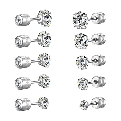 Titanium Surgical Steel CZ Screw Back Stud Earrings Set Hypoallergenic | Cubic Zirconia, Stainless Steel, Mens, Small, Dainty, Silver, Hypoallergenic for Sensitive Ears, Lobe, Cartilage, Helix - color: Round Clear - 3/4/5/6/7mm