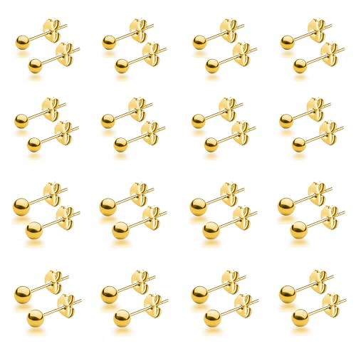 15 Pairs Surgical Steel Ball Stud Earrings Set | Fadeless, PVD Plating, Stainless Steel, Fadeless, Waterproof, High Polish, Hypoallergenic - color: Gold 16Pairs (4mm 5mm )