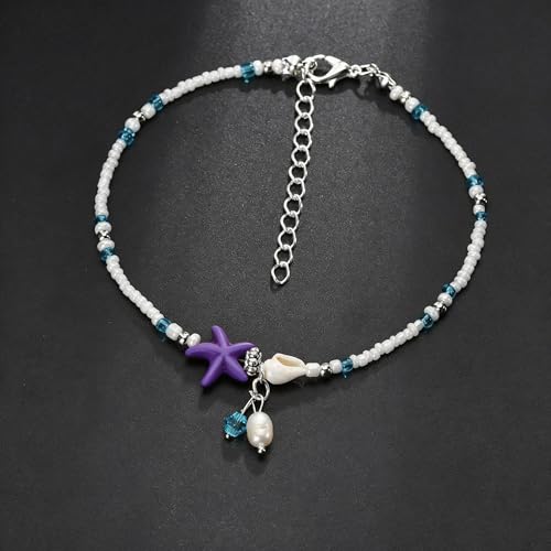 Beaded Ankle Bracelets for Women Boho Starfish Shell Pearl Beaded Ankle Bracelets Stacked Strench Silver Ankle Bracelet Non Tarnish Adjustable Hawaiian Summer Beach Surfer Foot Jewelry - color: Purple