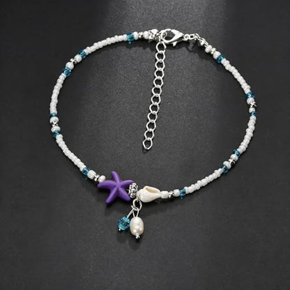 Beaded Ankle Bracelets for Women Boho Starfish Shell Pearl Beaded Ankle Bracelets Stacked Strench Silver Ankle Bracelet Non Tarnish Adjustable Hawaiian Summer Beach Surfer Foot Jewelry - color: Purple