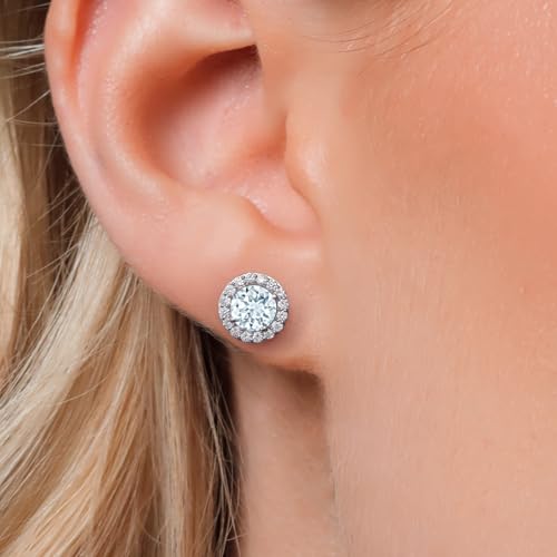 Gem Stone King 14K White Gold 6MM Round Gemstone Birthstone Stud Earrings with Removable Jackets and Lab Grown Diamond Accents | Gold Earrings For Women | Fine Jewelry Gift for Her Mom Women Wife - color: Aquamarine-March