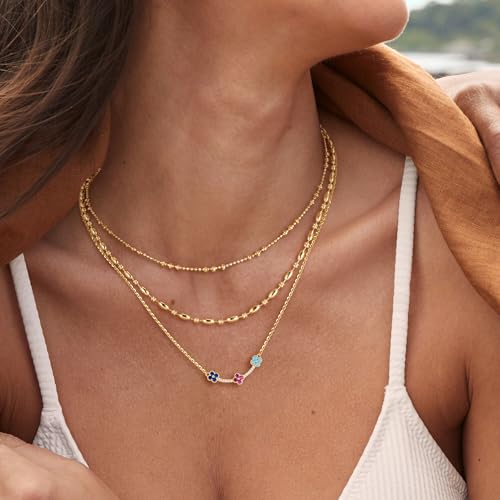 Fettero Dainty 14K Gold Plated Cubic Zirconia Necklaces for Women, Simple Bar Pendant Necklace, Mix-color Rainbow Jewelry Gold Necklace for Women Trendy Gifts - style: Clover