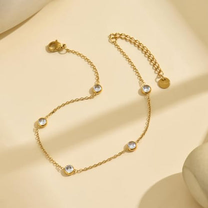 Dainty Ankle Bracelets for Women 18K Gold Plated Waterproof | Satellite Beaded Herringbone Lip Chain Anklets Simple Minimalist Summer Beach Foot Jewelry, Gift Box Included - color: 5 CZ-Gold