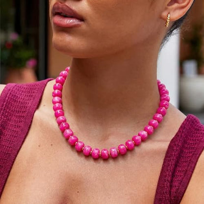 Chunky Colorful Choker Necklace for Women - Summer Beach Round Resin Beads Necklace, Trendy Statement Summer Beach Jewelry Birthday Gifts for Vacation Holiday - color: 14mm Rose Red Beads