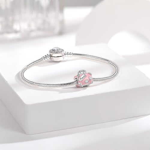 925 Sterling Silver Charms fits Bracelets and Necklace Pendant Bead Charms Jewelry Gift for Women Family Friends - style: I Love Travel Suitcase Pink Charm