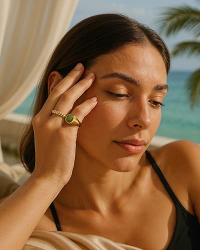 YeGieonr Gold Signet Rings for Women Non Tarnish Gold Rings, Waterproof Gemstones Statement Ring, 18K Gold Plated Stainless Steel Gem Stone Jewelry Gift for Everyday Wear - color: Green Aventurine