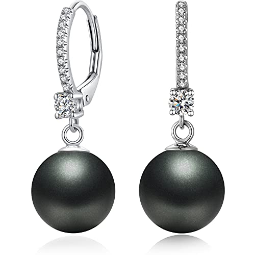 Pearl Dangle Drop Earrings for Women 925 Sterling Silver Pearl Leverback Earrings Cubic Zirconia Pearl Dangling Earrings 10MM - color: 4. Black-10mm