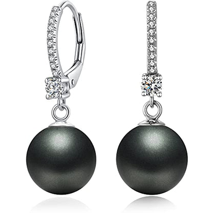 Pearl Dangle Drop Earrings for Women 925 Sterling Silver Pearl Leverback Earrings Cubic Zirconia Pearl Dangling Earrings 10MM - color: 4. Black-10mm