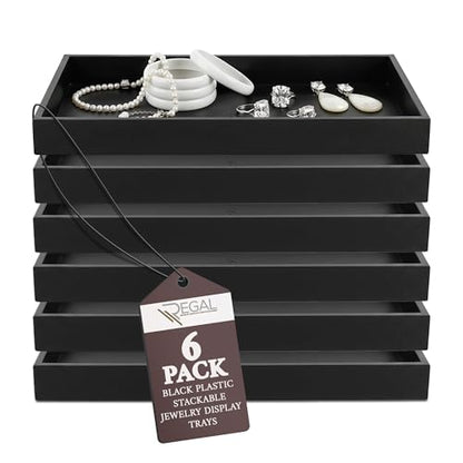 RJ Displays Stackable Jewelry Tray Set, Stackable Plastic Jewelry Organizer Tray, Jewelrys Drawer, Drawers Inserts, Earring Organizer for Women Perfect Trays 14.75x8.25x1 in (Black, 6 Pack) - color: Black