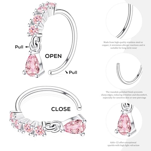 BSJ4U Hoop Nose Rings for Women Nose Piercings 20G Stainless Steel Nose Rings Hoops Heart Butterfly Flower Bow Teardrop Double Nose Hoops Gold Plated Silver Pink Clear CZ Nose Piercing Jewelry - color: Silver Pink Nose Rings
