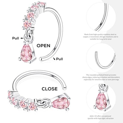 BSJ4U Hoop Nose Rings for Women Nose Piercings 20G Stainless Steel Nose Rings Hoops Heart Butterfly Flower Bow Teardrop Double Nose Hoops Gold Plated Silver Pink Clear CZ Nose Piercing Jewelry - color: Silver Pink Nose Rings