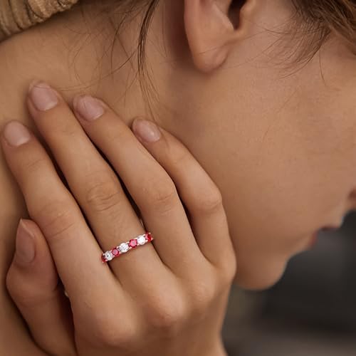 Birthstone Wedding Band Eternity Rings 925 Sterling Silver Rings Stackable Anniversary Engagement Rings Cubic Zirconia Inlaid Created Garnet/Amethyst/Sapphire Ring 7 Stone Ring, Size 6 to 10 - color: Ruby & 5A CZ