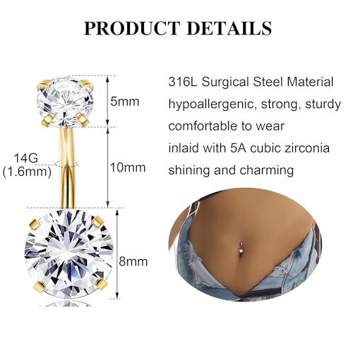 7 Pcs Gold Belly Button Ring Dangle for Women Hypoallergenic Surgical Stainless Steel Dangling Belly Rings Butterfly Heart CZ Cute Long Belly Button Piercing Dangly Navel Piercings Pack Belly Piercing Jewelry - color: gold